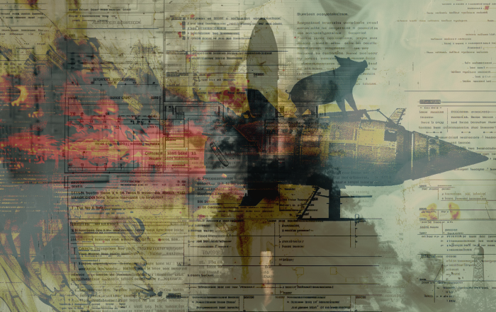 Editorial illustration for "The Propulsion Papers." Fake AI Citations. Depicts the collision of academic fraud (the pig/Orwell) and mismatched containers (the rocket blueprint), styled with digital decay to represent the "slop" ecosystem.